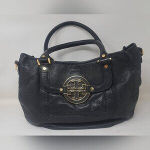 Tory Burch Women's Amanda Black Pebbled Satchel Purse Black Gold